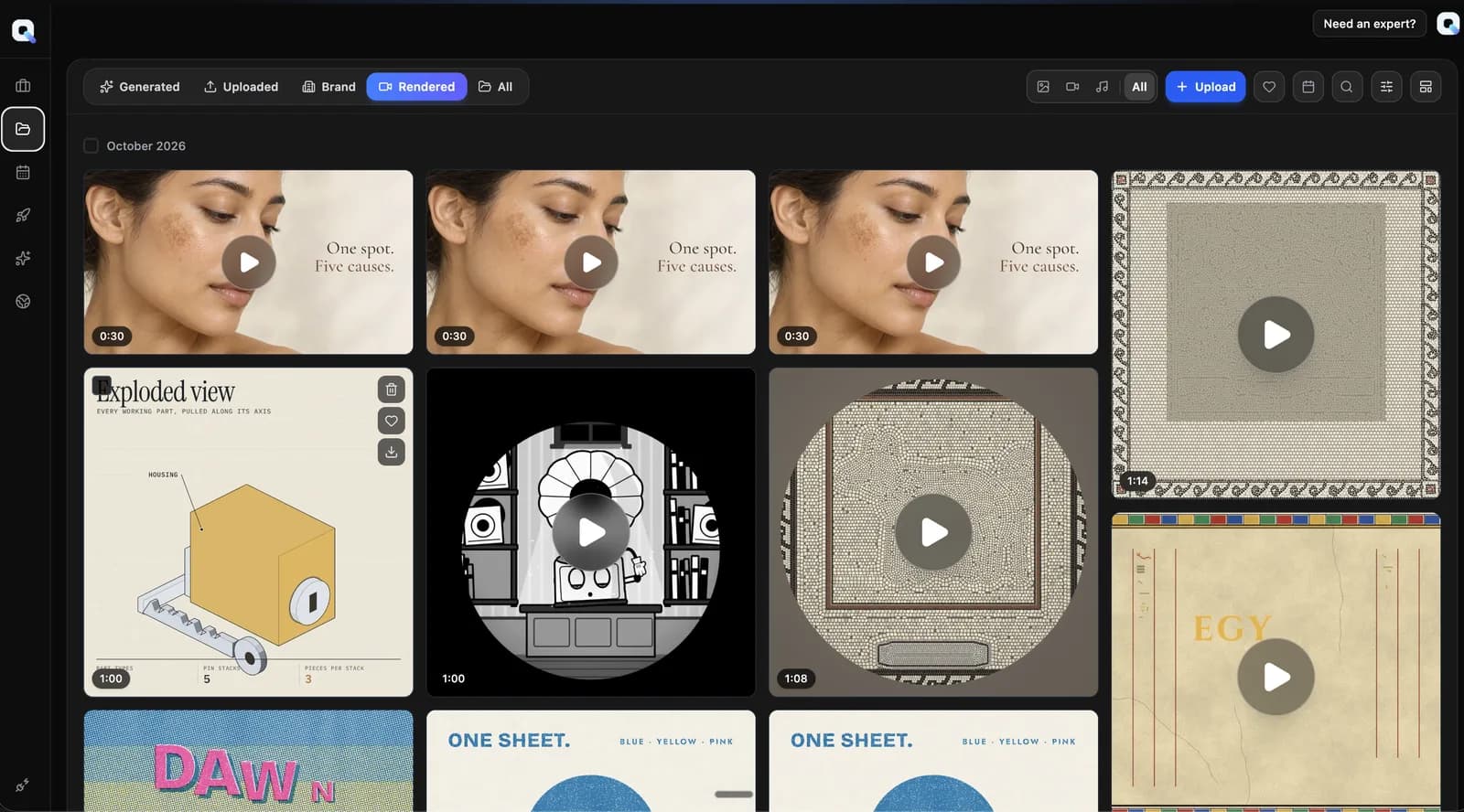 animatiQ asset library on the Rendered source, showing a grid of rendered videos with their durations