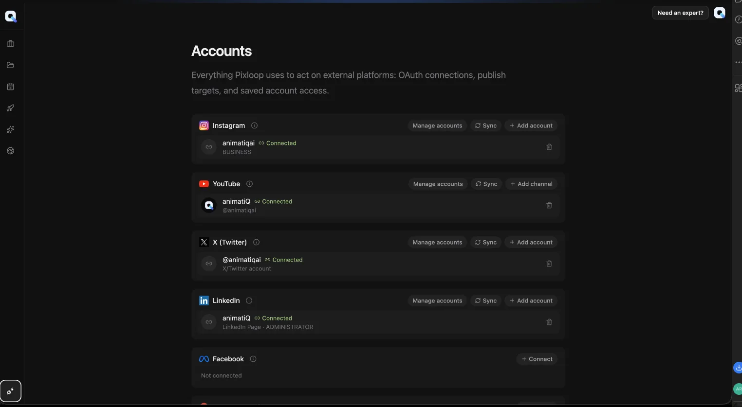 animatiQ Accounts page with Instagram, YouTube, X and LinkedIn connected and Facebook ready to connect